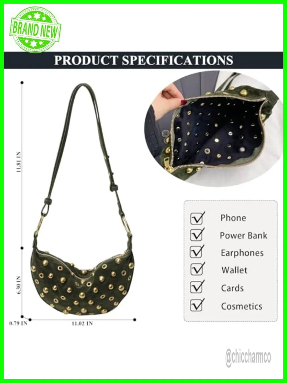 Studded Faux Suede Hobo Crescent Crossbody Bag Shoulder Purse